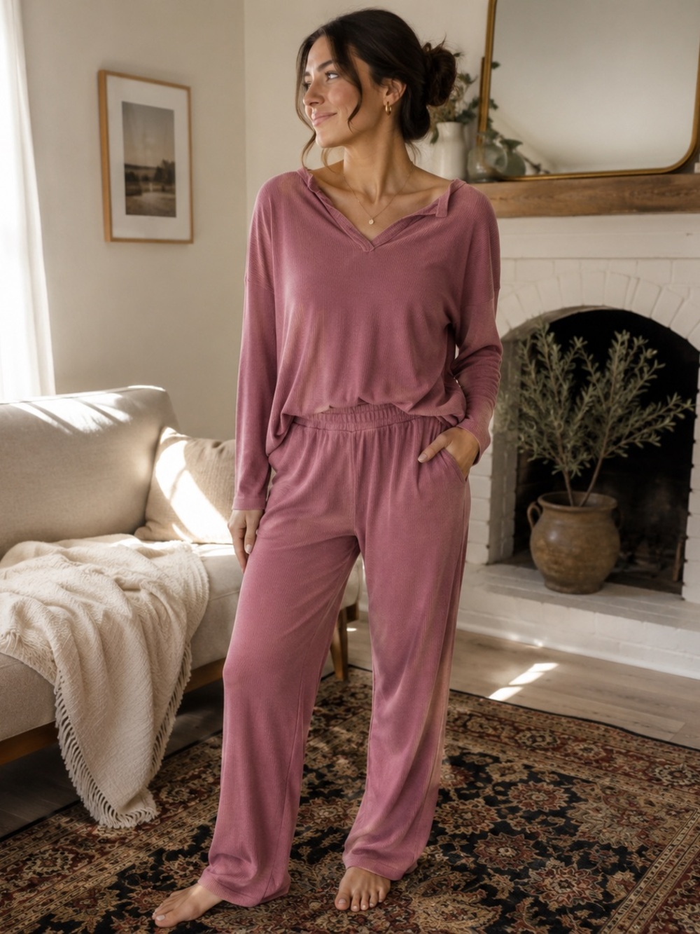 Perch by blu pepper Women's Mauve waffle knit Lounge Set